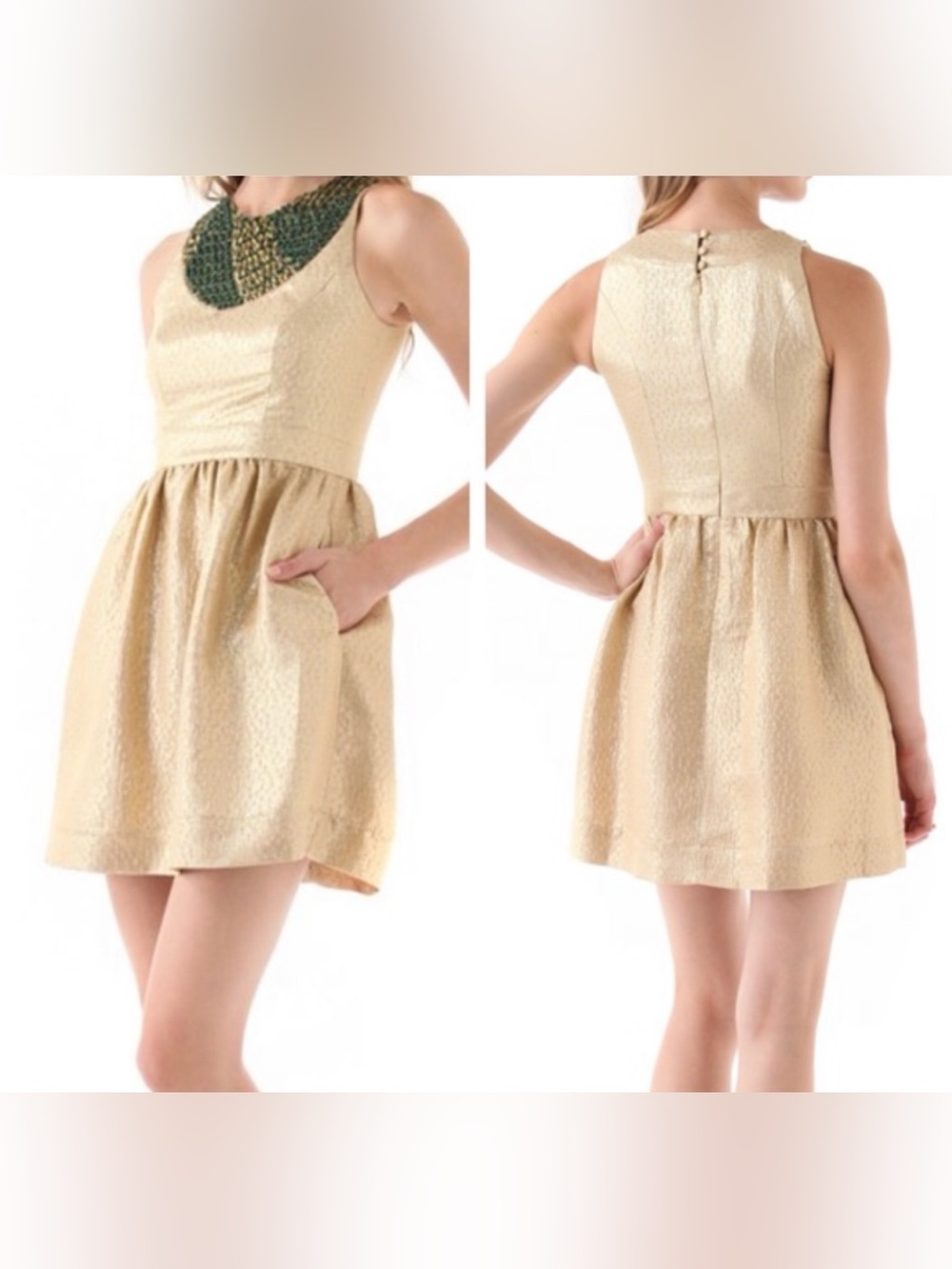 Shoshanna Gold Metallic Priya Fit and Flare Mini Dress Size 4 Beaded Collar